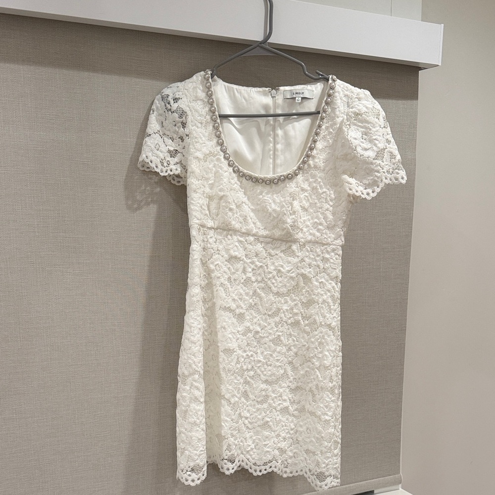 LIKELY White Lace Mini Dress with Pearl Detail